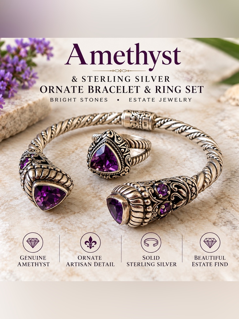 Amethyst & Sterling Silver Bracelet & Ring Set - Bright Stones, Estate Jewelry